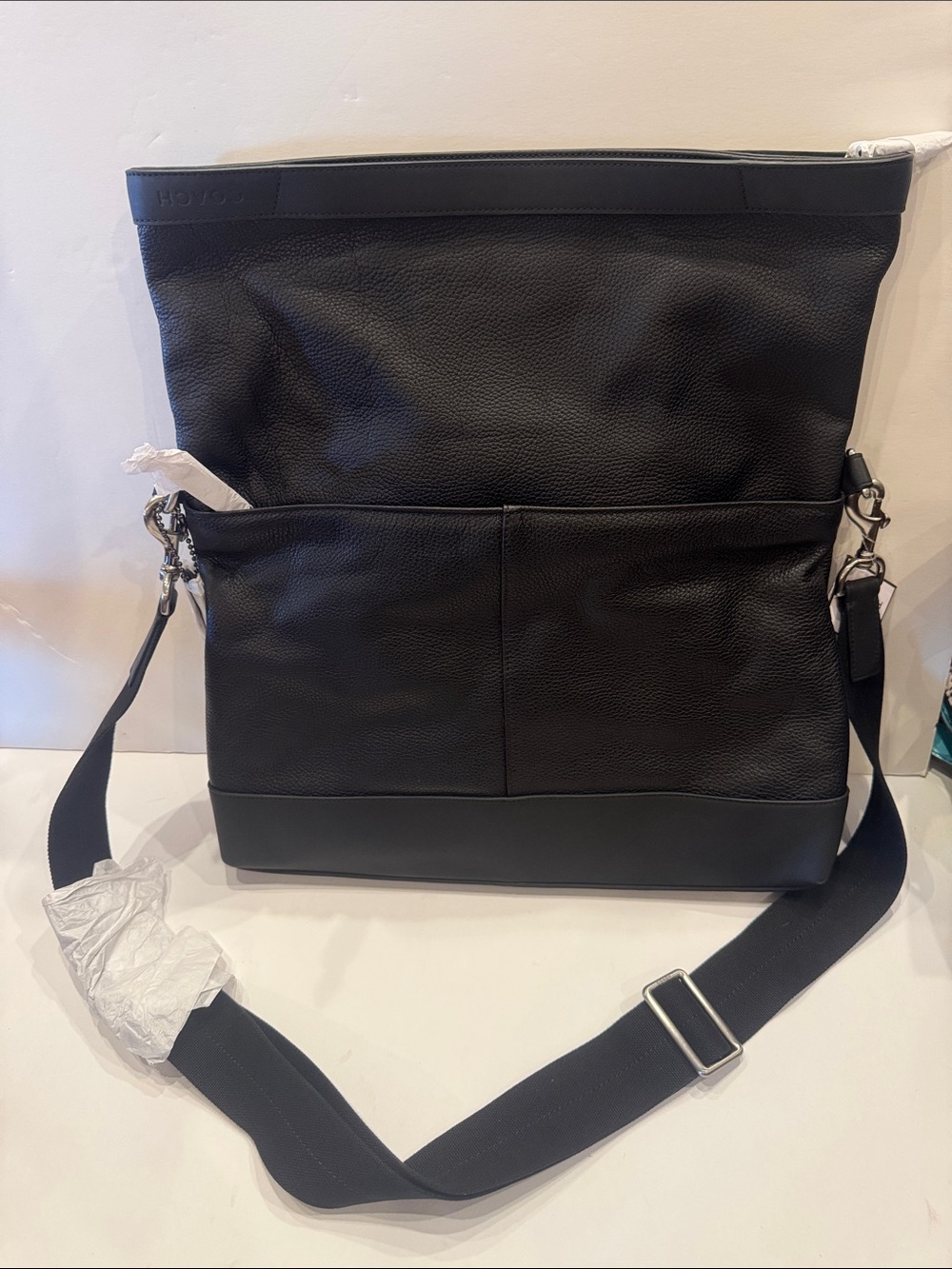 Coach Black Leather Messenger Bag with Adjustable Strap